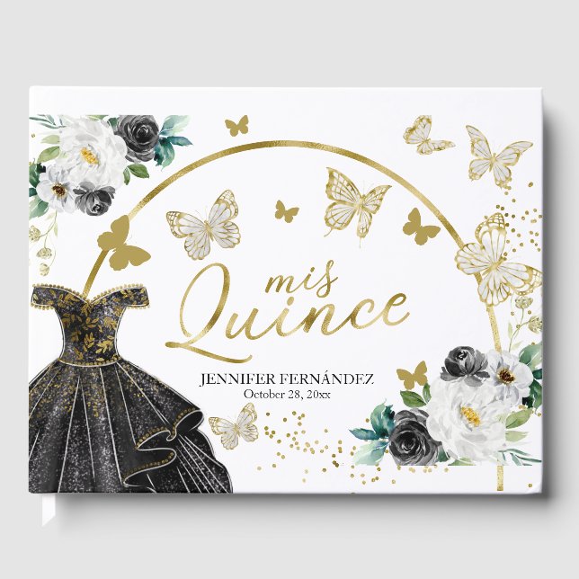 Libro de invitados Quinceanera con traje negro de  (Anverso)