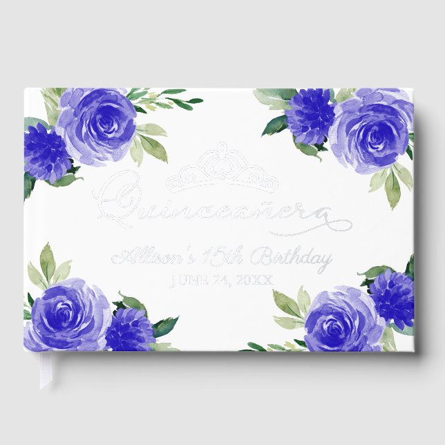 Libro de invitados Quinceanera de Floral Azul oscu (Anverso)