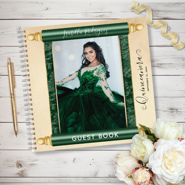Libro de invitados Quinceañera de Green Scroll Pho (Green Scroll Photo Budget Quinceañera Guest Book
)