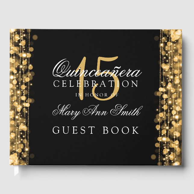 Libro de invitados Quinceanera Fiesta Sparkles Gol (Anverso)