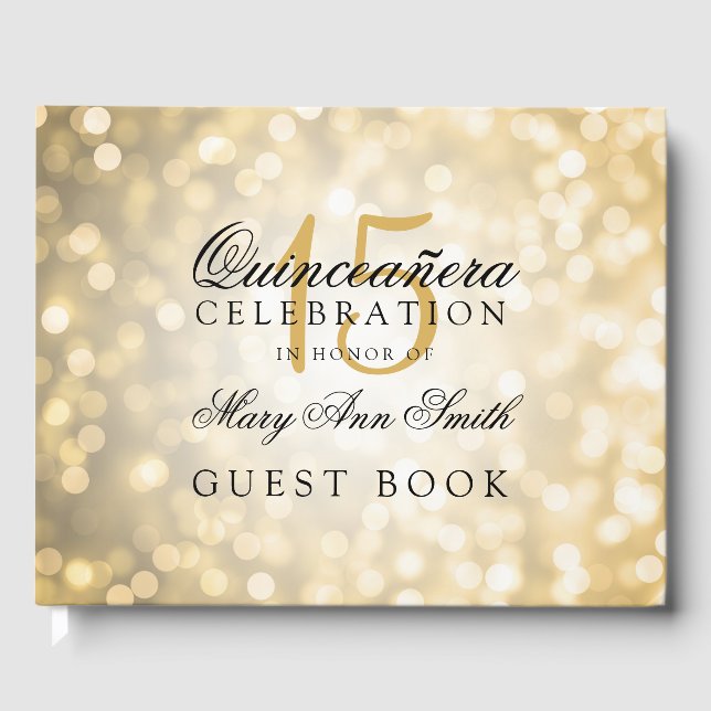 Libro de invitados Quinceanera Gold Bokeh Lights (Anverso)