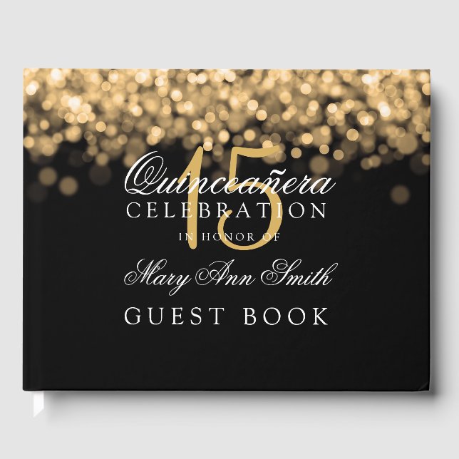 Libro de invitados Quinceanera Gold Lights (Anverso)