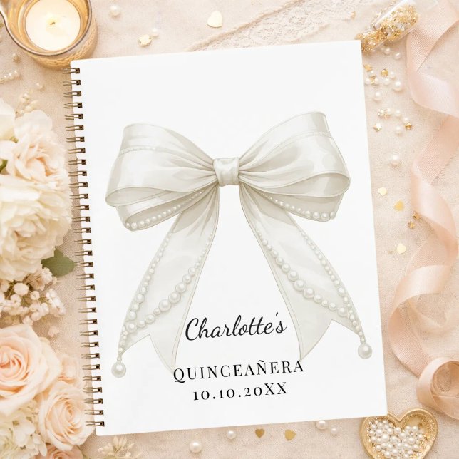 Libro de invitados Quinceañera lazo perlas marfil (Subido por el creador)