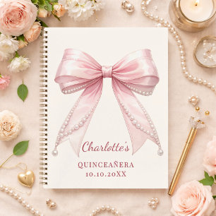 Libro de invitados Quinceañera lazo rosa perlas ma