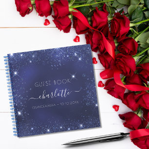 Libro de invitados Quinceanera purpurina azul mari
