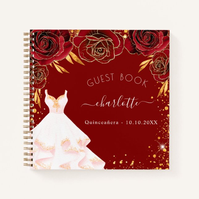 Libro de invitados Quinceanera rojo dorado vestido (Anverso)