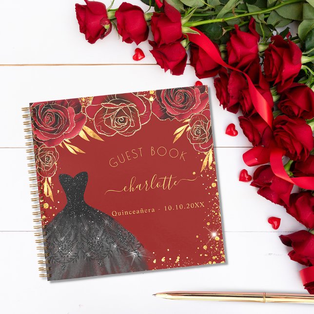 Libro de invitados Quinceanera rojo dorado vestido (Subido por el creador)