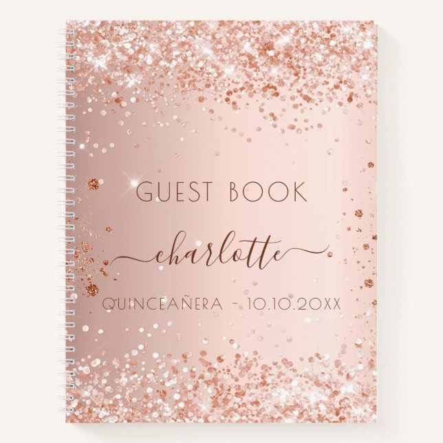 Libro de invitados Quinceanera rosa chispas de oro (Anverso)