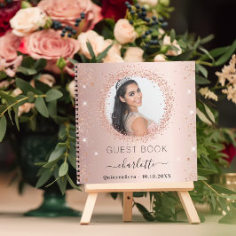 Libro de invitados Quinceanera rosa de oro de la f