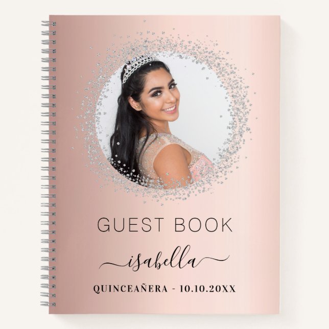 Libro de invitados Quinceanera rosa de plata dorad (Anverso)