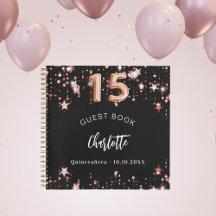 Libro de invitados Quinceanera rosa negro estrella