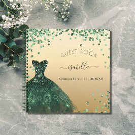 Libro de invitados Quinceanera vestido de oro verd