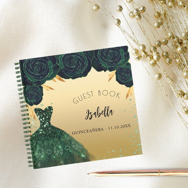 Libro de invitados Quinceanera vestido de oro verd (Subido por el creador)