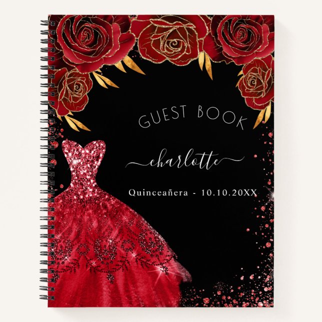 Libro de invitados Quinceanera vestido negro rojo  (Anverso)