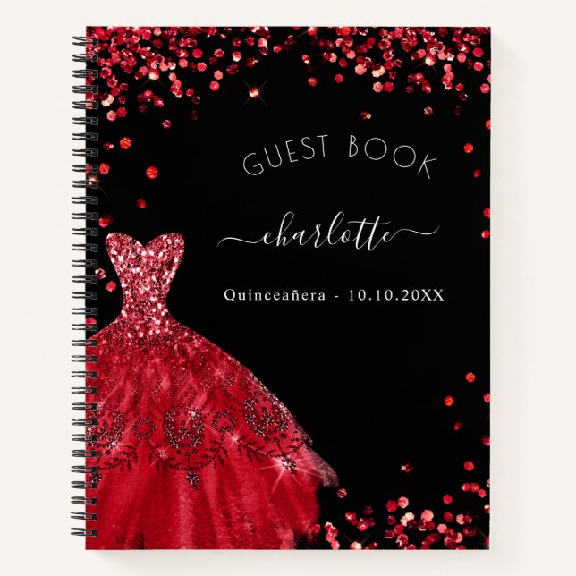 Libro de invitados Quinceanera vestido negro rojo  (Anverso)