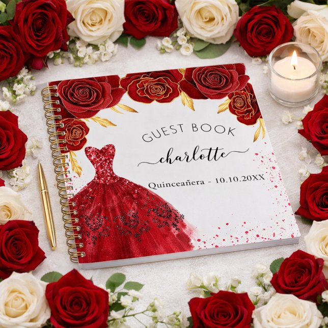 Libro de invitados Quinceanera vestido rojo blanco (Subido por el creador)