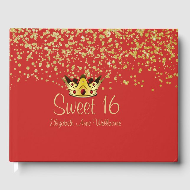 Libro de invitados Red and Gold Crown Sweet 16 (Anverso)