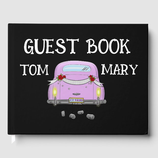 Libro de invitados RETRO STYLISH JUST MARRIED CAR  (Anverso)