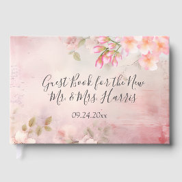 Libro de invitados romántico con flores rosadas