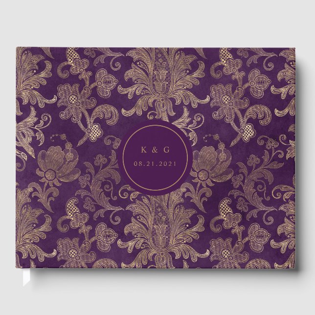 Libro de invitados Royal Purple Gold Damask Weddin (Anverso)
