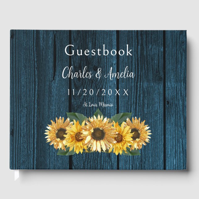 Libro de invitados Rustic Blue Sunflower Boda (Anverso)
