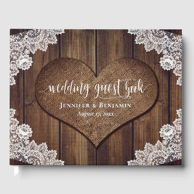 Libro de invitados Rustic Wood Burlap Lace Boda (Anverso)