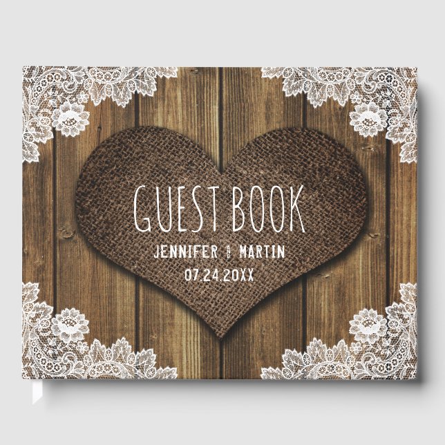 Libro de invitados Rustic Wood Burlap y Lace Boda (Anverso)