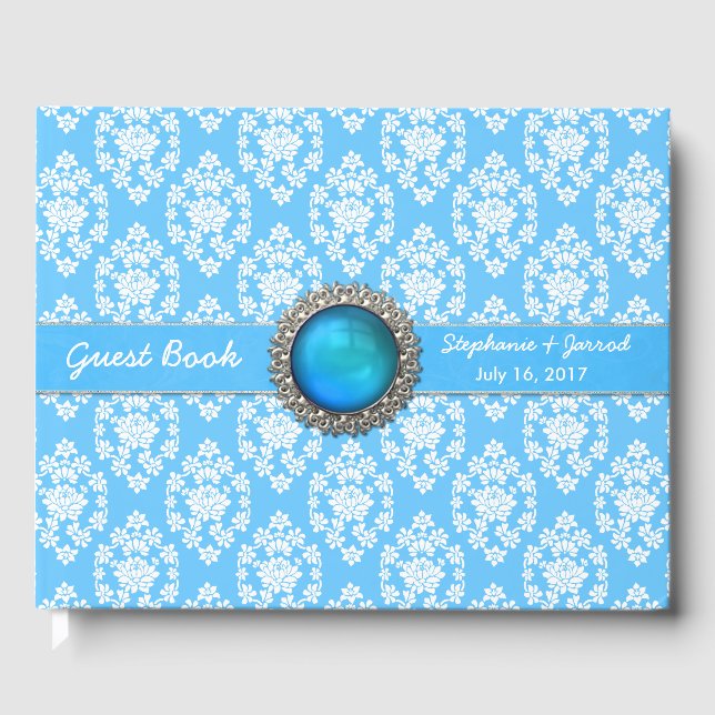 Libro de invitados Sky Blue Floral Damask Custom W (Anverso)