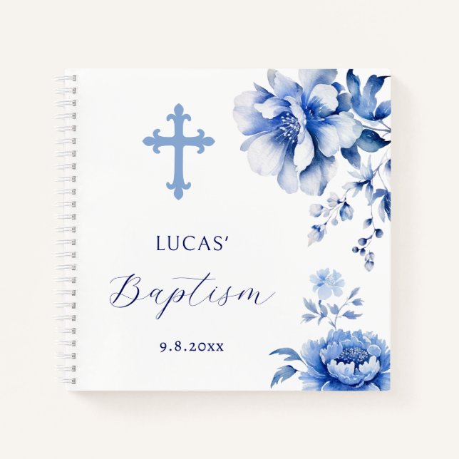 Libro de invitados sobre bautismo de flores azules (Anverso)