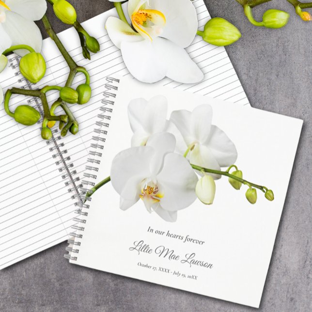Libro de invitados sobre el funeral floral (White orchid floral funeral memorial guest book)