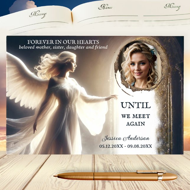 Libro de invitados sobre el Memorial de la Vida At (Sympathy guest book featuring your photo framed by a spiritual design with an angel and doorway)
