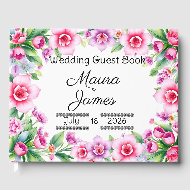 Libro de invitados sobre floral rosa y morada (Anverso)