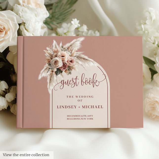 Libro de invitados sobre flores de gramaje de pamp (Simple Dusty Pink Pampas Grass Floral Guest Book)