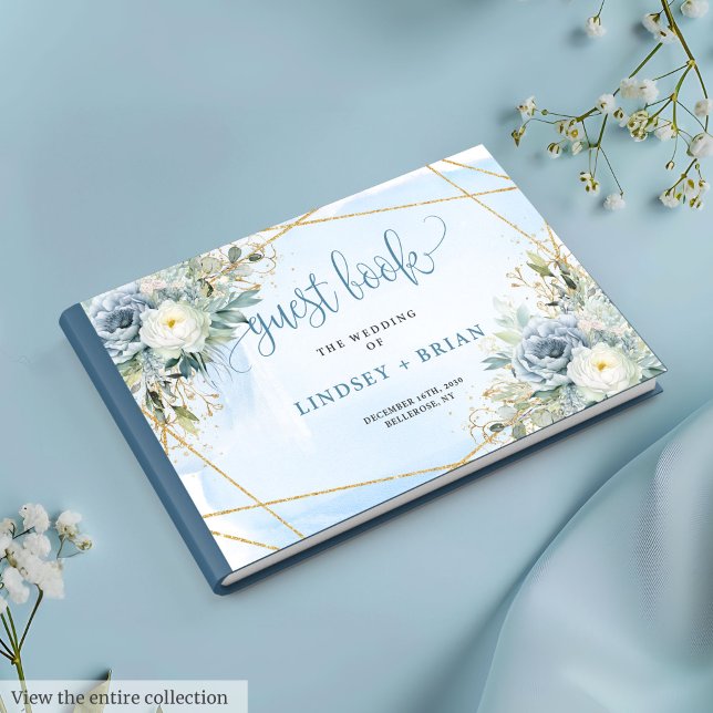 Libro de invitados sobre las flores de oro azul tu (Classic Dusty Blue White Gold Flowers Guest Book)