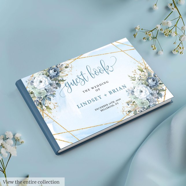 Libro de invitados sobre las flores de oro blanco  (Glam Blue Peonies White Gold Wedding Guest Book

)