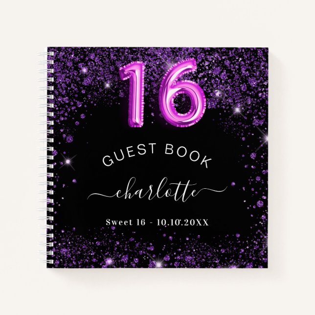 Libro de invitados Sweet 16 black morple purpurina (Anverso)