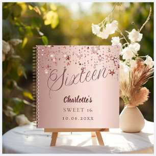 Libro de invitados Sweet 16 estrellas de oro rosa