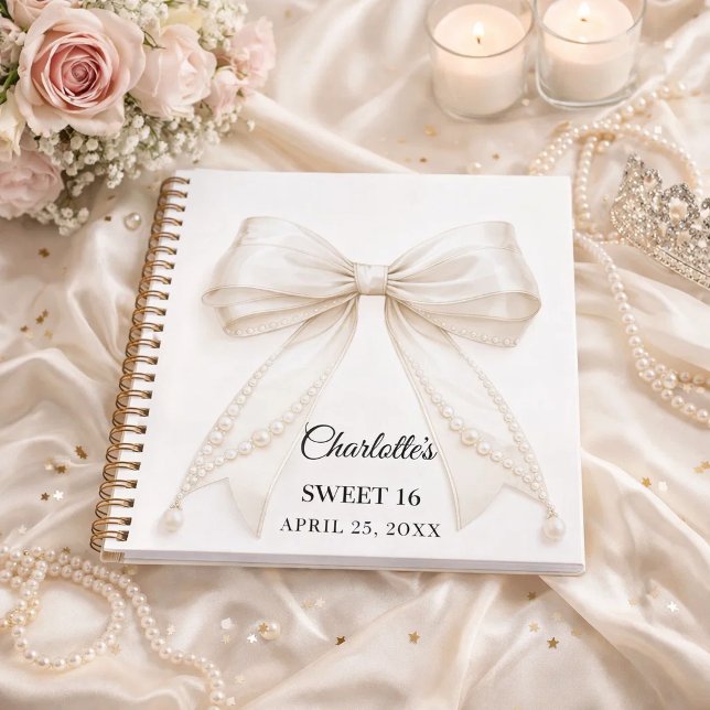 Libro de invitados Sweet 16 lazo perlas blanco mar (Subido por el creador)