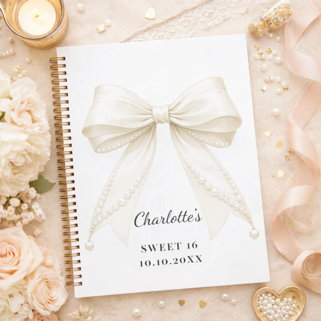 Libro de invitados Sweet 16 lazo perlas marfil (Subido por el creador)