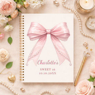 Libro de invitados Sweet 16 lazo rosa perlas marfi