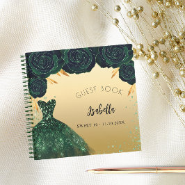 Libro de invitados Sweet 16 vestido de oro verde e