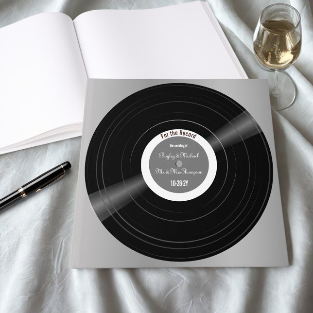 Libro de invitados Vinyl Record Boda blanco y negr (Personalized vinyl record square wedding guestbook.)