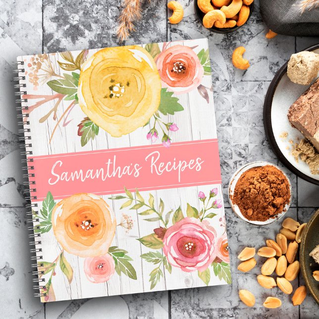 Libro de recetas, acuarela floral en madera rústic (Subido por el creador)