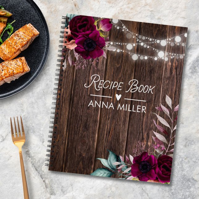 Libro de recetas de madera con flores púrpuras boh (In situ)