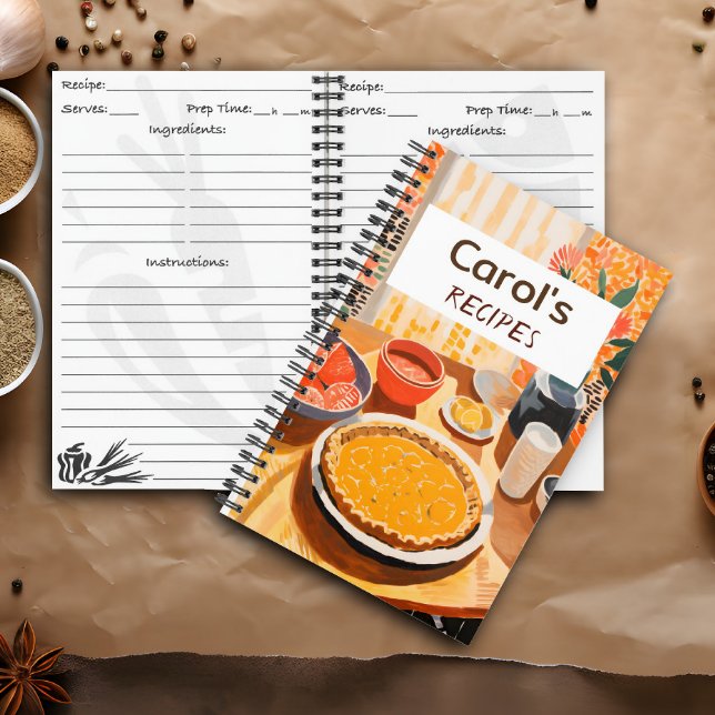Libro de recetas personalizado (A customizable recipe book is shown on a kitchen counter.)