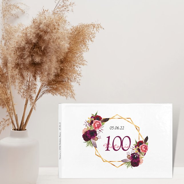 Libro De Visitas 100 cumpleaños fiesta burdeos floral geométrica (Subido por el creador)