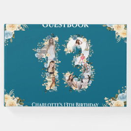 Libro De Visitas 13.ª foto de cumpleaños Collage Verde azulado Flor