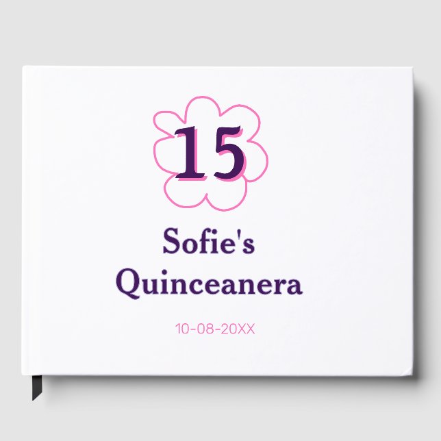Libro De Visitas 15.ª quinceañera feliz cumpleaños púrpura rosa (Anverso)