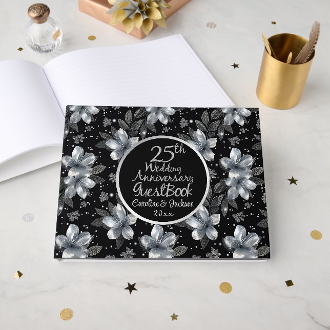 Libro De Visitas 25º Aniversario de Bodas de Plata Glitter Floral (Anverso Abierto)