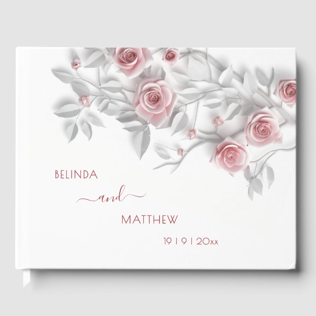 Libro De Visitas 3D  Blush Pink Gray Roses | Wedding (Anverso)